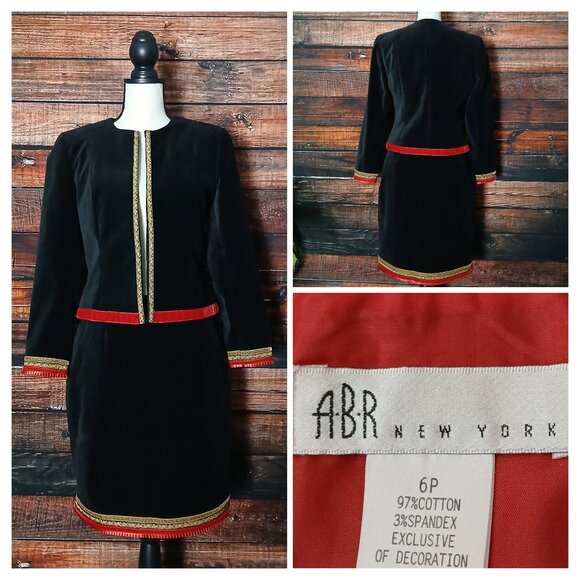 ABR NY 6 Petite 6P Vintage Unique Two Piece Skirt Suit Black Velvet Boho Trim - Picture 1 of 14